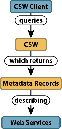 The relationship between the CSW Client and web services that have been registered with a given catalog